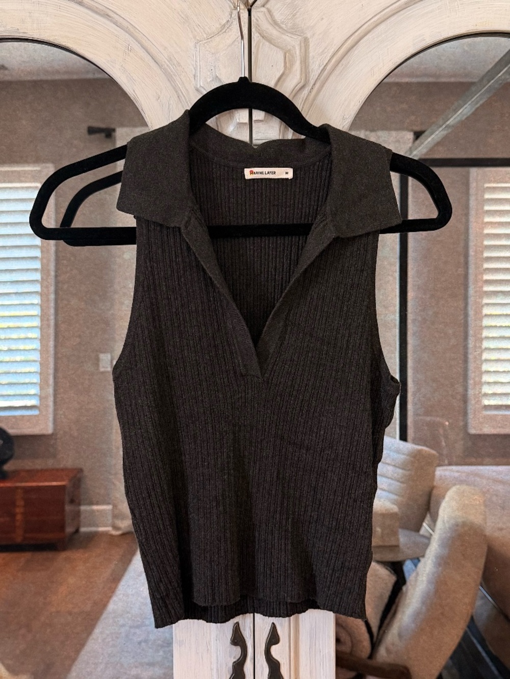 Women's Marine Layer Amelia Rib Polo, Sz M, Charcoal gray